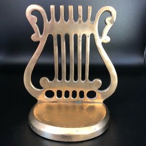 Vintage lyre harp brass bookend